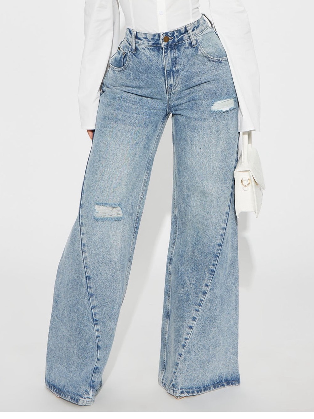 Fashion Nova Light Blue Wide Leg Distressed Jeans Sz 7